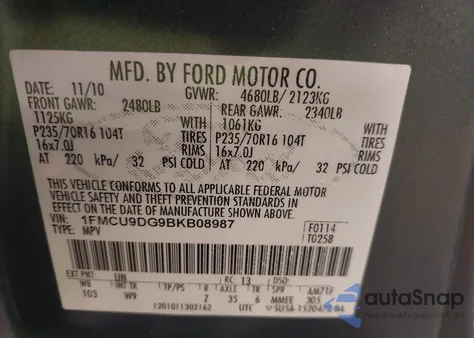 2011 Ford Escape Xlt из США, поврежденный, VIN 1FMCU9DG9BKB08987